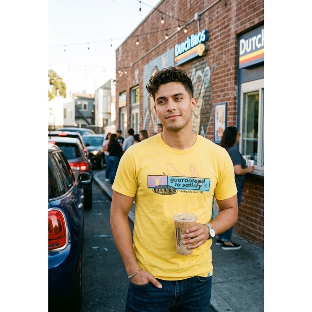 Dutch Bros Coffee Shirt Medium Yellow Graphic Tee Guaranteed to Satisfy Retro M